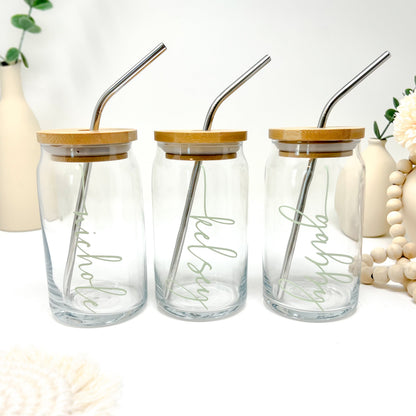 Personalized Glass Cup with Bamboo Lid & Straw - 16 oz Beer Can Glass | Custom Mason Jar | Iced Coffee Mug | Bridesmaid Gift | Tumbler