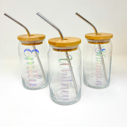 Personalized Glass Cup with Bamboo Lid & Straw - 16 oz Beer Can Glass | Custom Mason Jar | Iced Coffee Mug | Bridesmaid Gift | Tumbler