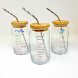 Personalized Glass Cup with Bamboo Lid & Straw - 16 oz Beer Can Glass | Custom Mason Jar | Iced Coffee Mug | Bridesmaid Gift | Tumbler