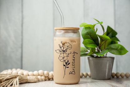 Personalized Iced Coffee Cup 16oz Glass Cup, Custom Beer Can Glass with Lid and Straw, Bridesmaid Proposal Gift Glass can coffee cup