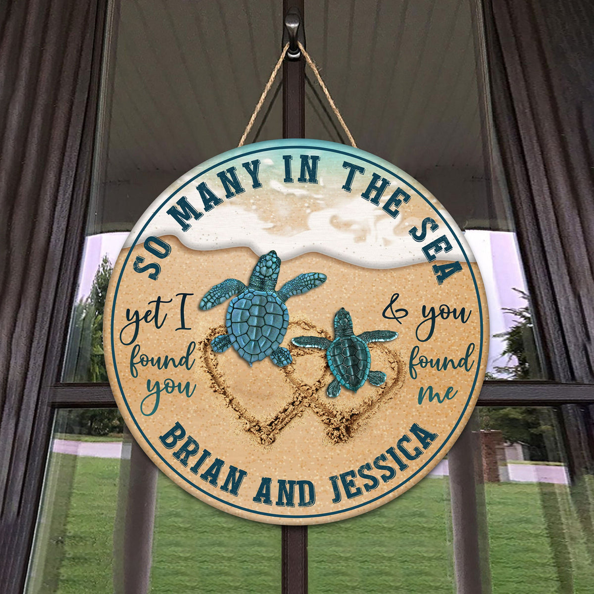 Personalized Couple Turtle Wooden Sign, Gifts For Lover Him Her Husband Wife, Round Wooden Sign, Sea Turtle Wood Sign