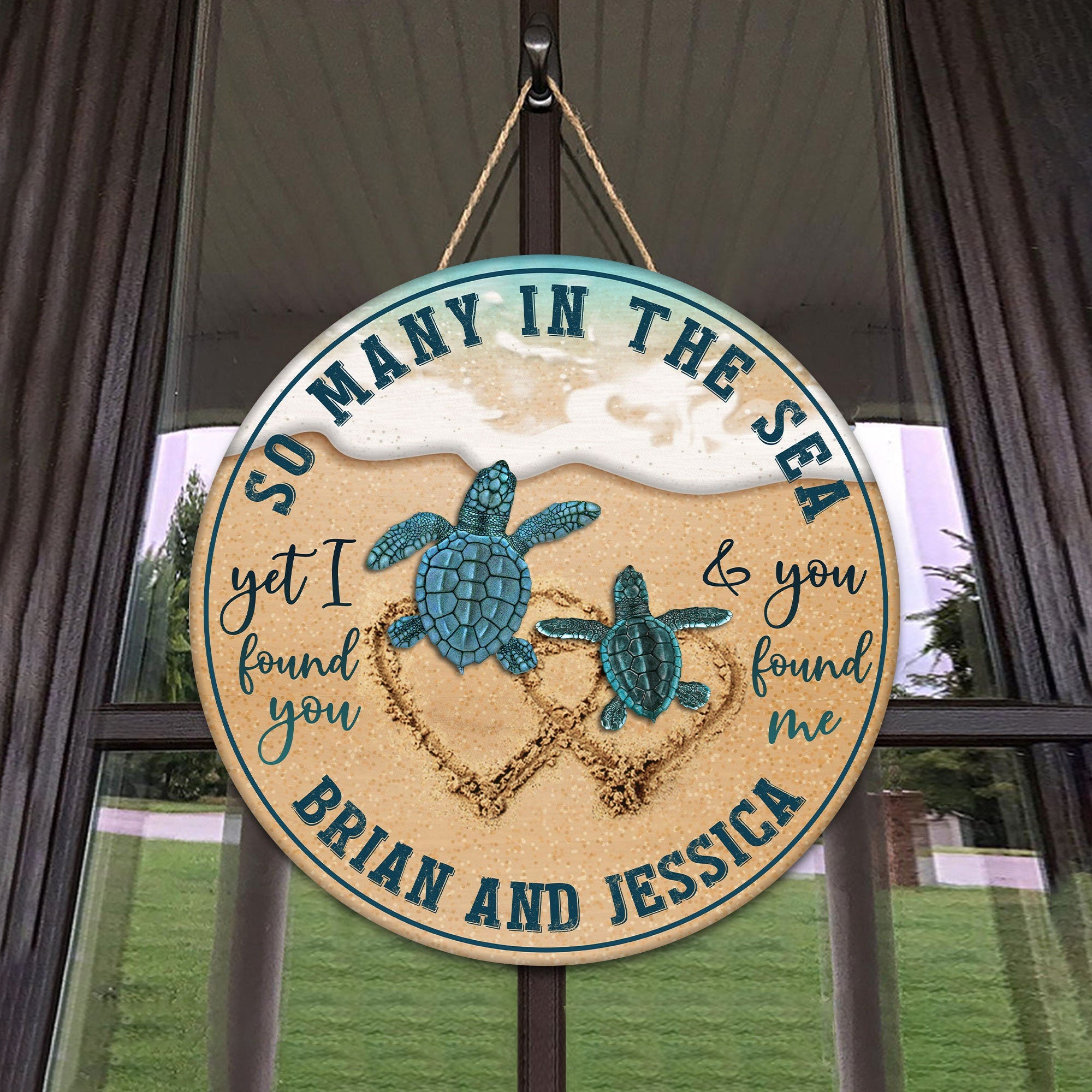 Personalized Couple Turtle Wooden Sign, Gifts For Lover Him Her Husband Wife, Round Wooden Sign, Sea Turtle Wood Sign