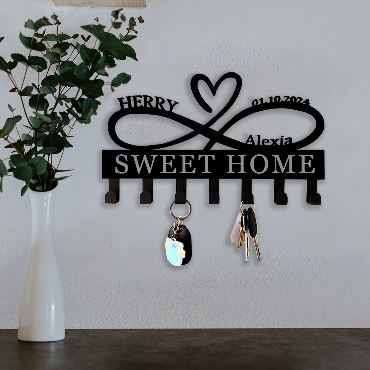 Custom Heart Key Holder, Wall Decor, Infinity Heart Key Hooks, Housewarming Gift, Personalized Infinity Metal Sign, Mothers Day Gift