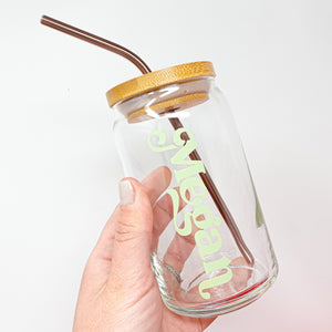 Personalized Glass Cup with Bamboo Lid & Straw - 16 oz Beer Can Glass | Custom Mason Jar | Iced Coffee Mug | Bridesmaid Gift | Tumbler