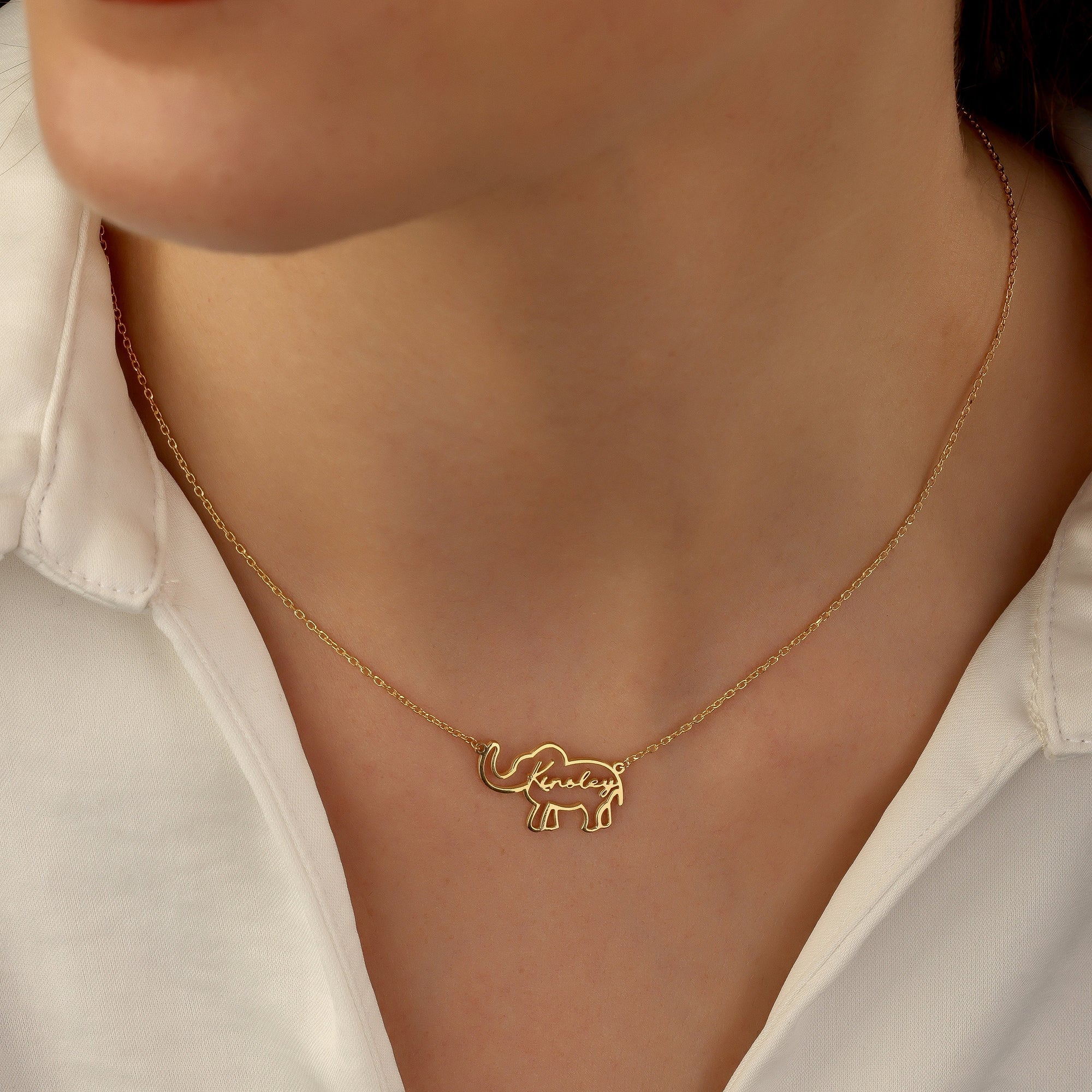 Elephant Name Necklace, Animal Name Necklace, Gold Nameplate Elephant Necklace, Protective Jewelry, Elephant Lovers Pendant
