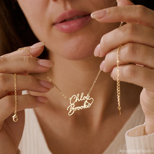 Personalized Double Names Necklace with Heart, Custom Gold Name Necklace, Couple Necklace, Mothers Necklace, Mother's Day Gift for Mom