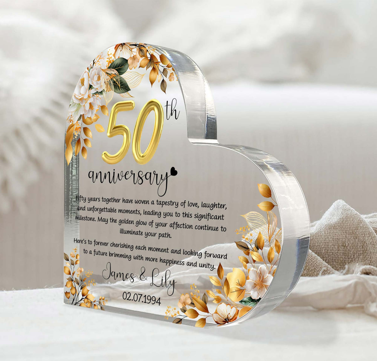 Personalized 50th Wedding Anniversary Gift Heart Acrylic Plaque, 50 Gold Wedding Gifts For Parents, Golden 50 Anniversary Gift, Husband Gift