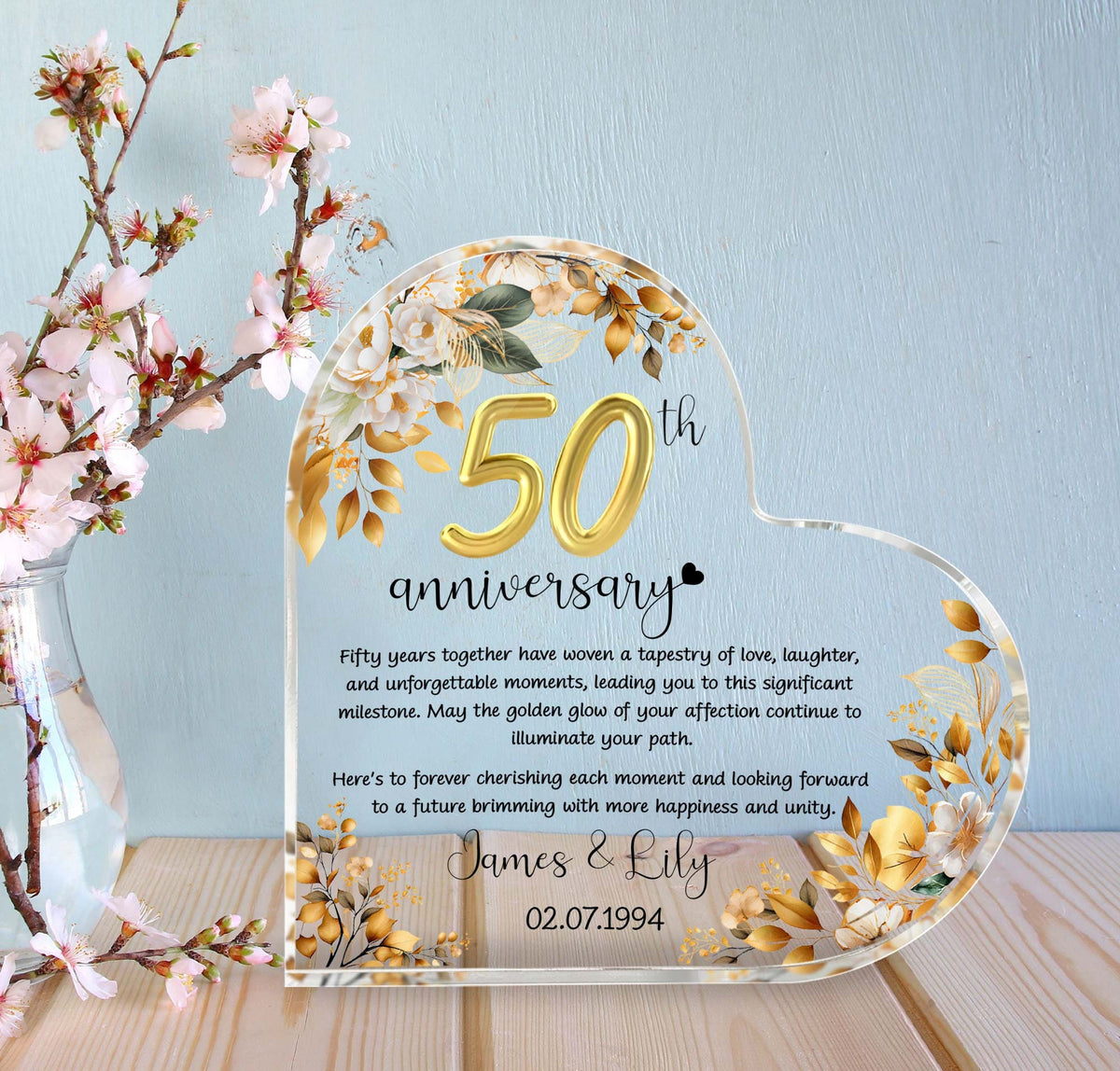 Personalized 50th Wedding Anniversary Gift Heart Acrylic Plaque, 50 Gold Wedding Gifts For Parents, Golden 50 Anniversary Gift, Husband Gift