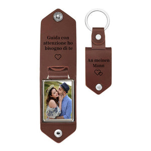 Personalized Mens Leather Keychain with Photo,Metal Tag Photo Keychain,Engraved key chain,Anniversary Gifts for Him,Father's Day Gifts