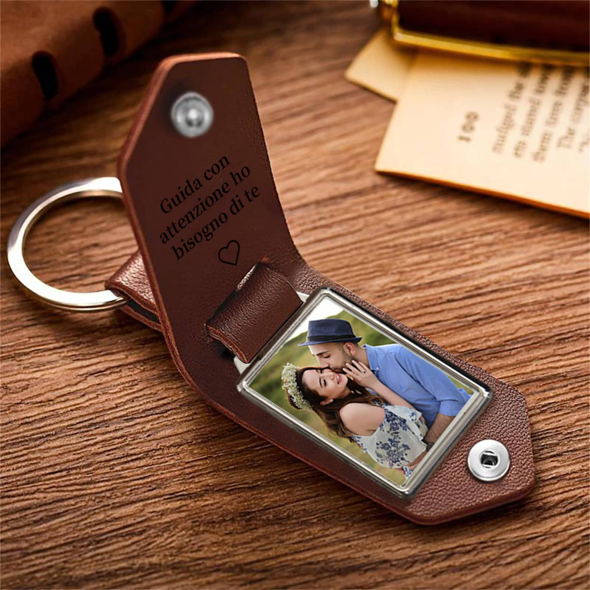 Personalized Mens Leather Keychain with Photo,Metal Tag Photo Keychain,Engraved key chain,Anniversary Gifts for Him,Father's Day Gifts