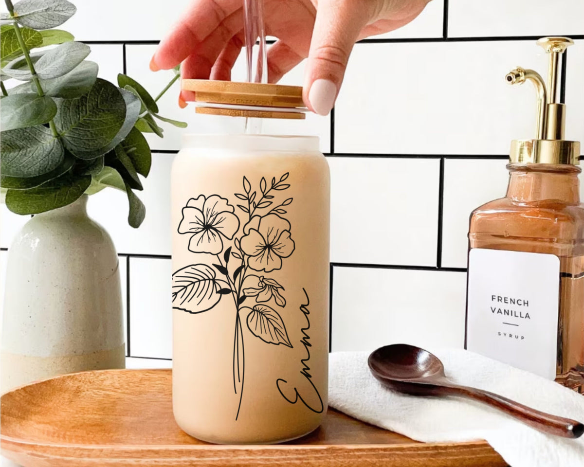 Personalized Birth Flower Tumbler, Gifts for Her, Mother's Day Gift, Bridesmaid Proposal Gift, Graduation Gift, Custom Glass Coffee Cup