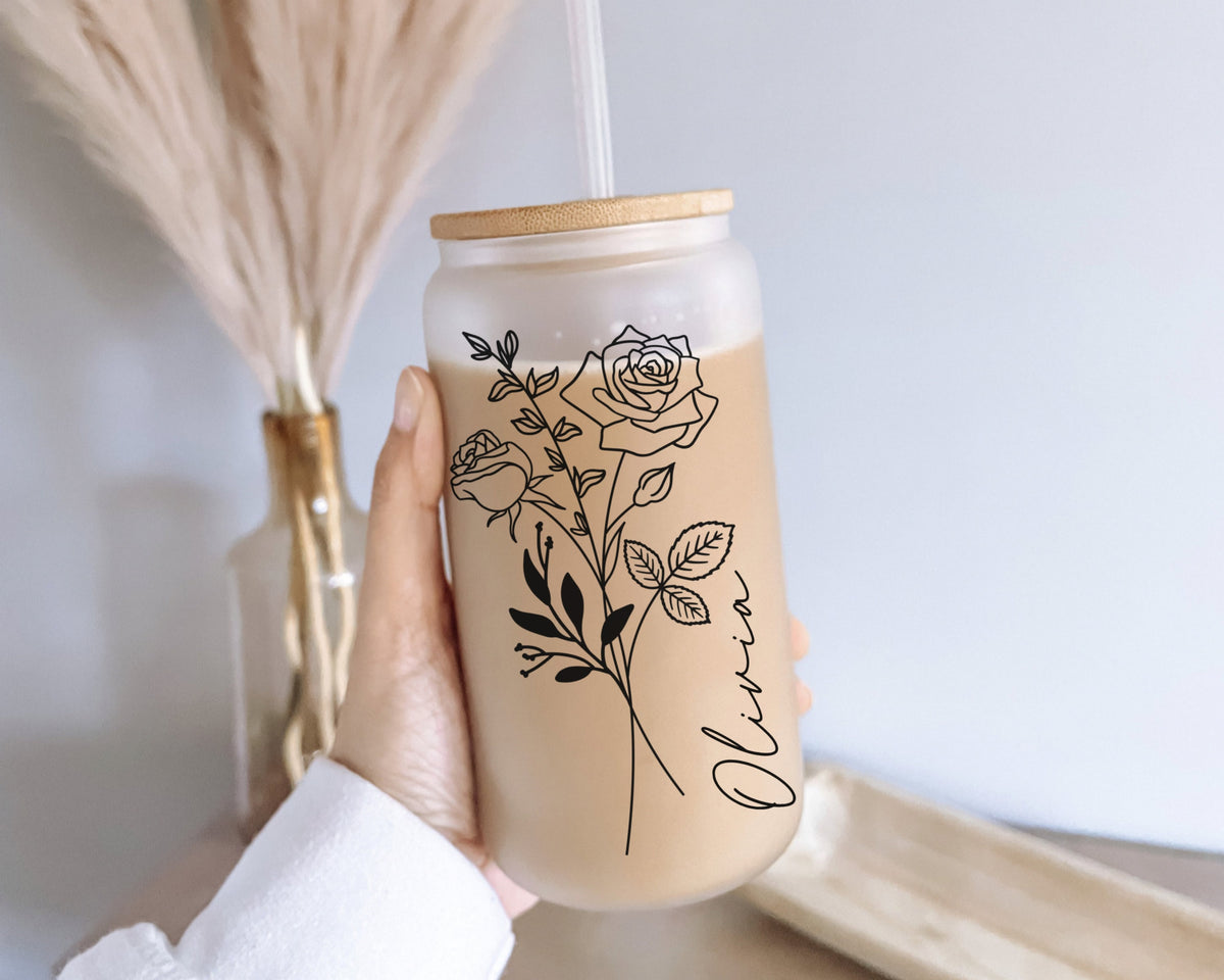 Personalized Birth Flower Tumbler, Gifts for Her, Mother's Day Gift, Bridesmaid Proposal Gift, Graduation Gift, Custom Glass Coffee Cup