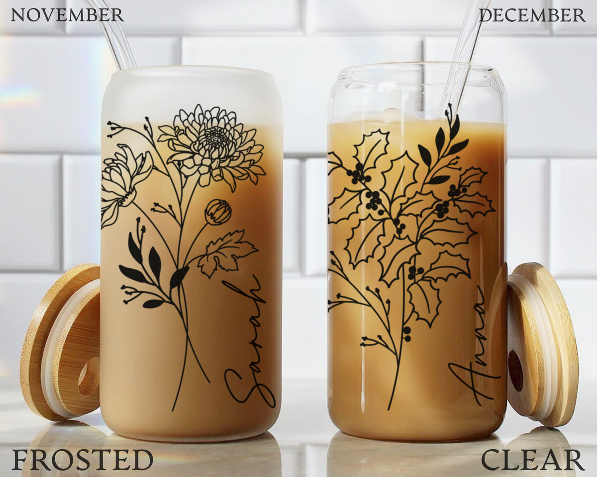 Personalized Birth Flower Tumbler, Gifts for Her, Mother's Day Gift, Bridesmaid Proposal Gift, Graduation Gift, Custom Glass Coffee Cup