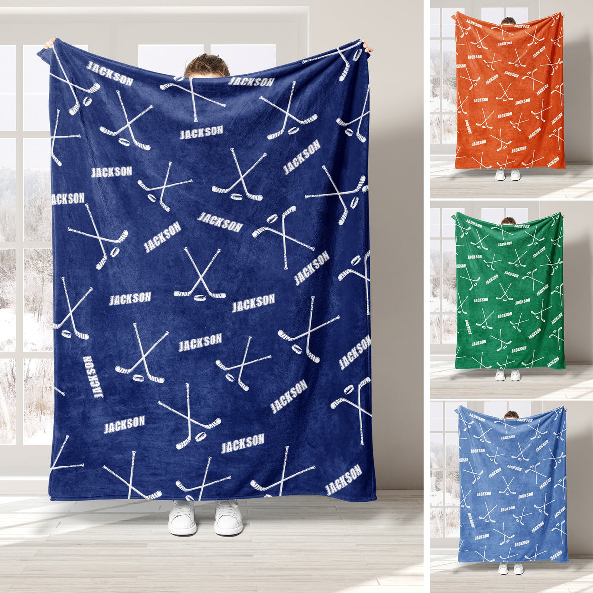 Personalized Hockey Blanket, Custom Name Number Soft Cozy Sherpa Fleece Throw Blankets, Sport Gift for Dad, Husband, Son, Kid, Team