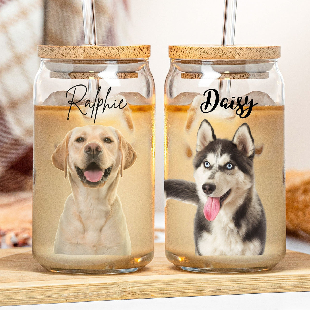 Custom Dog Photo Portrait Name Glass Tumbler 16oz Personalized Picture Pet Memorial Iced Coffee Cup Beer Can Lid Straw Gift Him Her Mom Dad