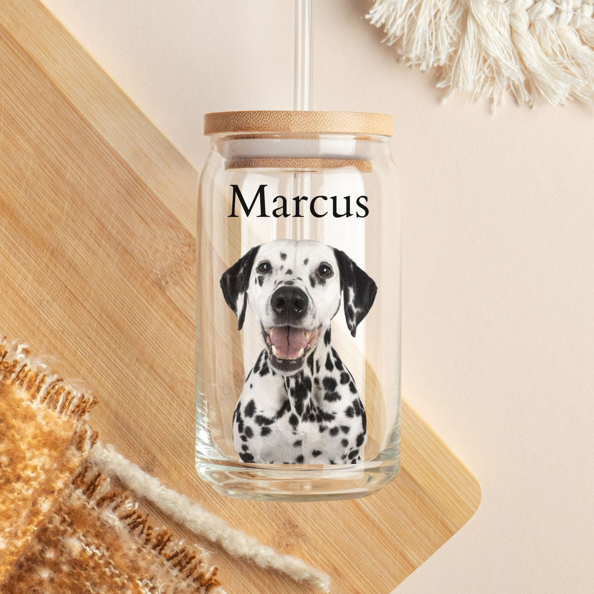 Custom Dog Photo Portrait Name Glass Tumbler 16oz Personalized Picture Pet Memorial Iced Coffee Cup Beer Can Lid Straw Gift Him Her Mom Dad