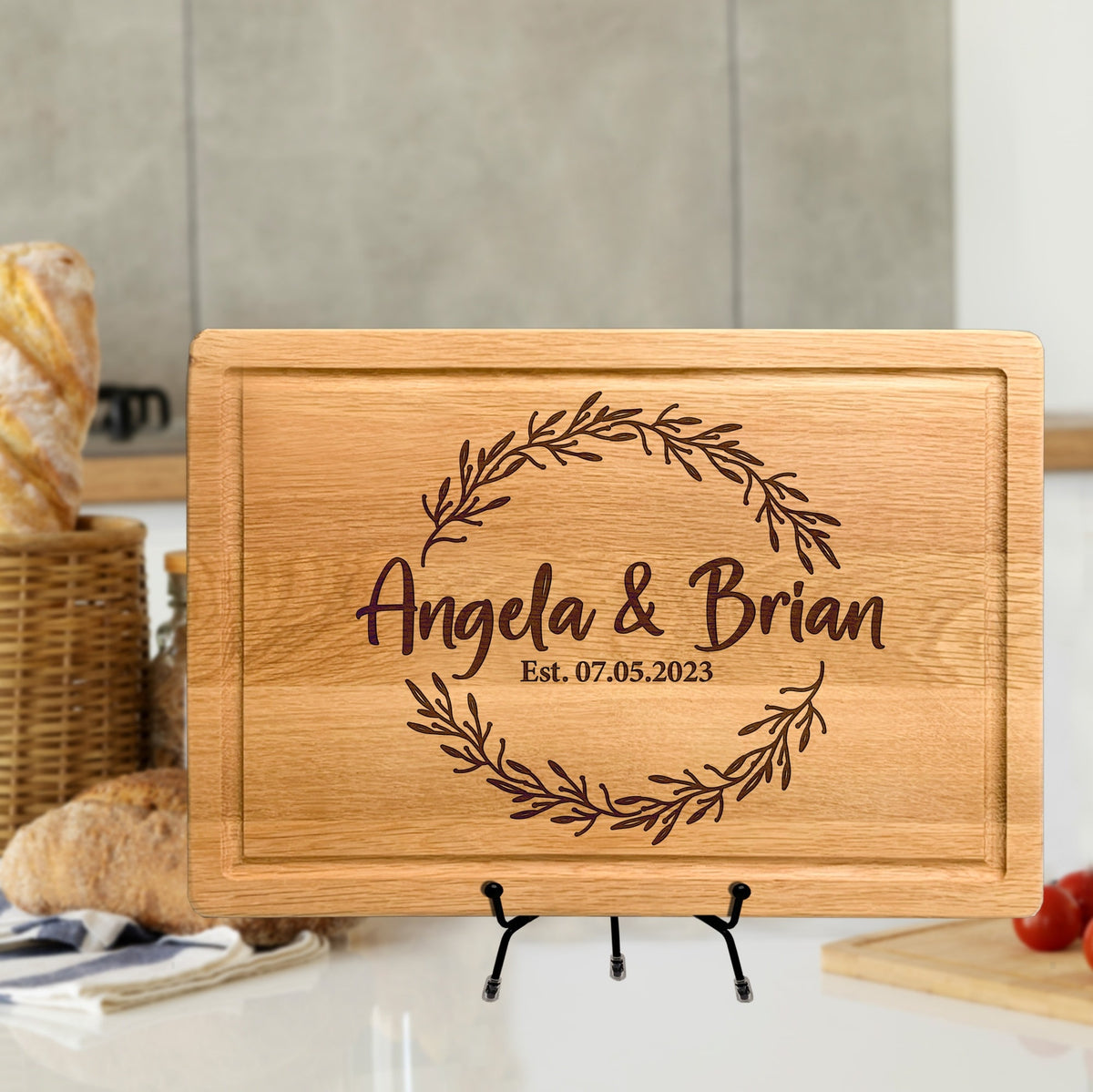 Personalized Handmade Cutting Board Farmhouse Wreath Design, Custom Wedding & Anniversary Gift for Couples, Housewarming and Closing Present