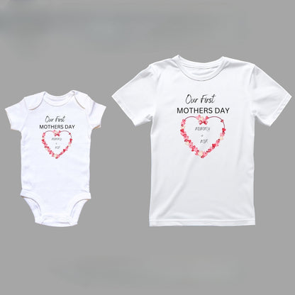 Personalised T Shirt Our First Mothers Day Baby Outfit with Heart Matching T-Shirt Set Perfect Custom Mothers Day Gift for Mummy and Baby