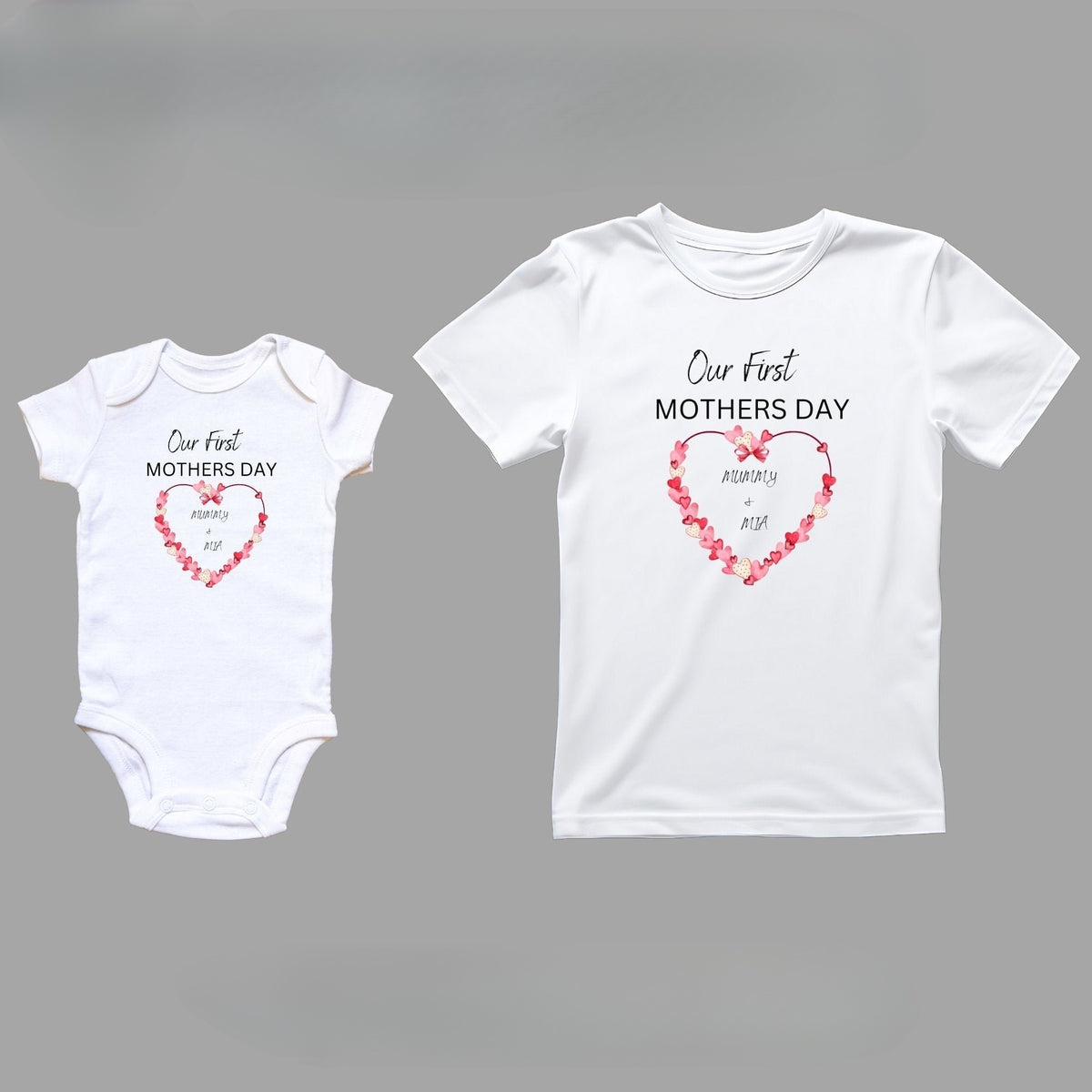 Personalised T Shirt Our First Mothers Day Baby Outfit with Heart Matching T-Shirt Set Perfect Custom Mothers Day Gift for Mummy and Baby