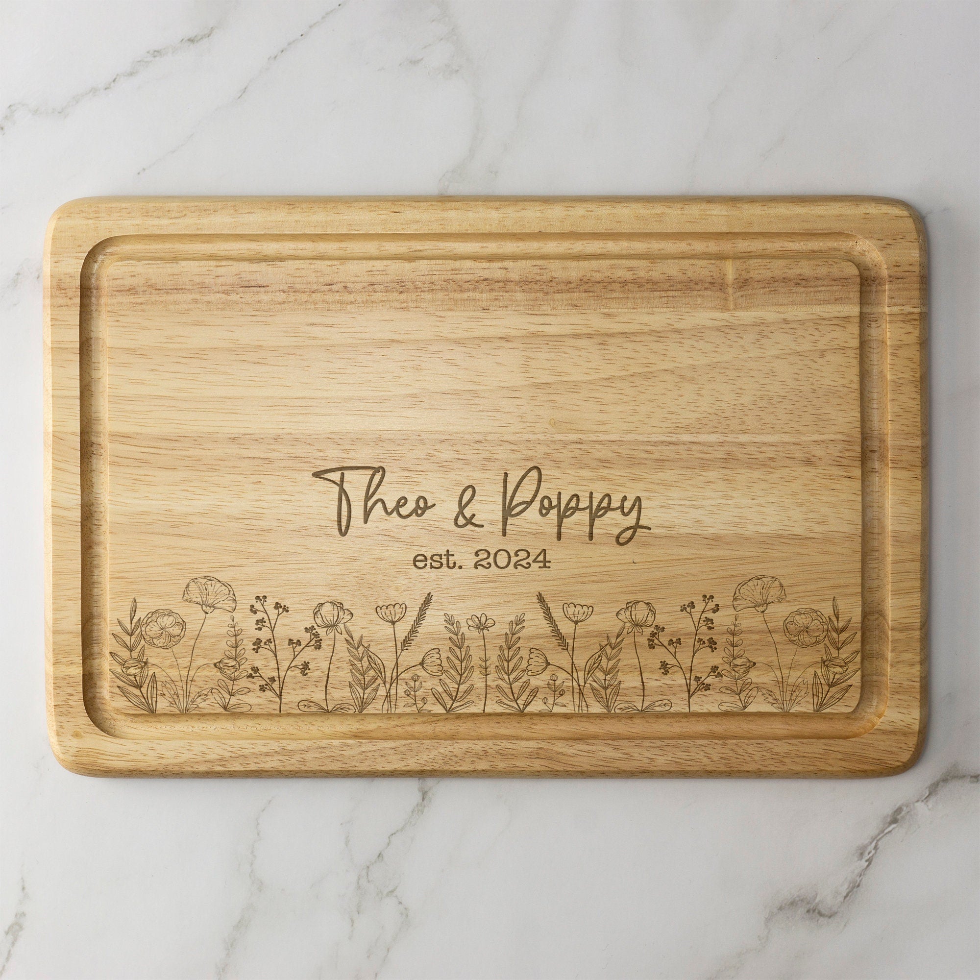 Personalised Wild Flowers Engraved Wooden Chopping Board Cheese Board Serving Board Novelty Gift Birthday Christmas Housewarming Wedding