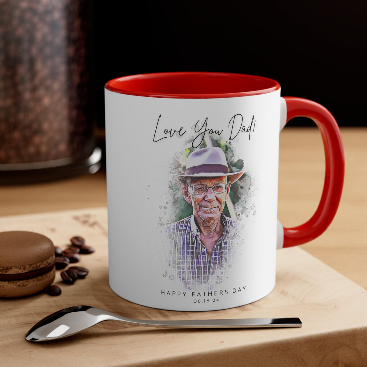 Custom Father's Day Mug Watercolor Portrait Coffee Cup, Personalized Dad's Day Anniversary Photo Tea Drinkware Gift for Him Husband Dad