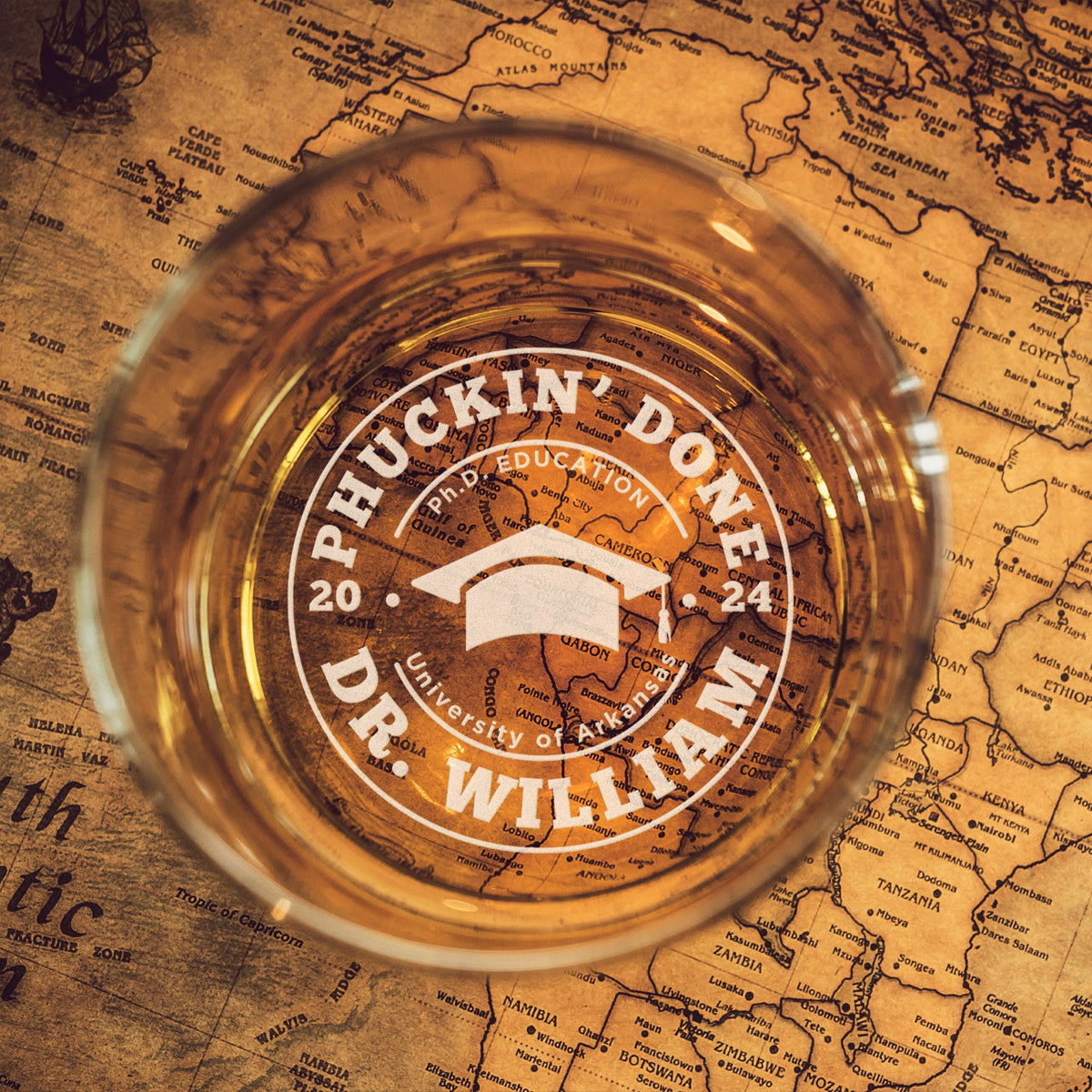 Custom Funny PhD Graduation Gift for Him - Personalized Phuckin' Done Whiskey Glass for Doctor