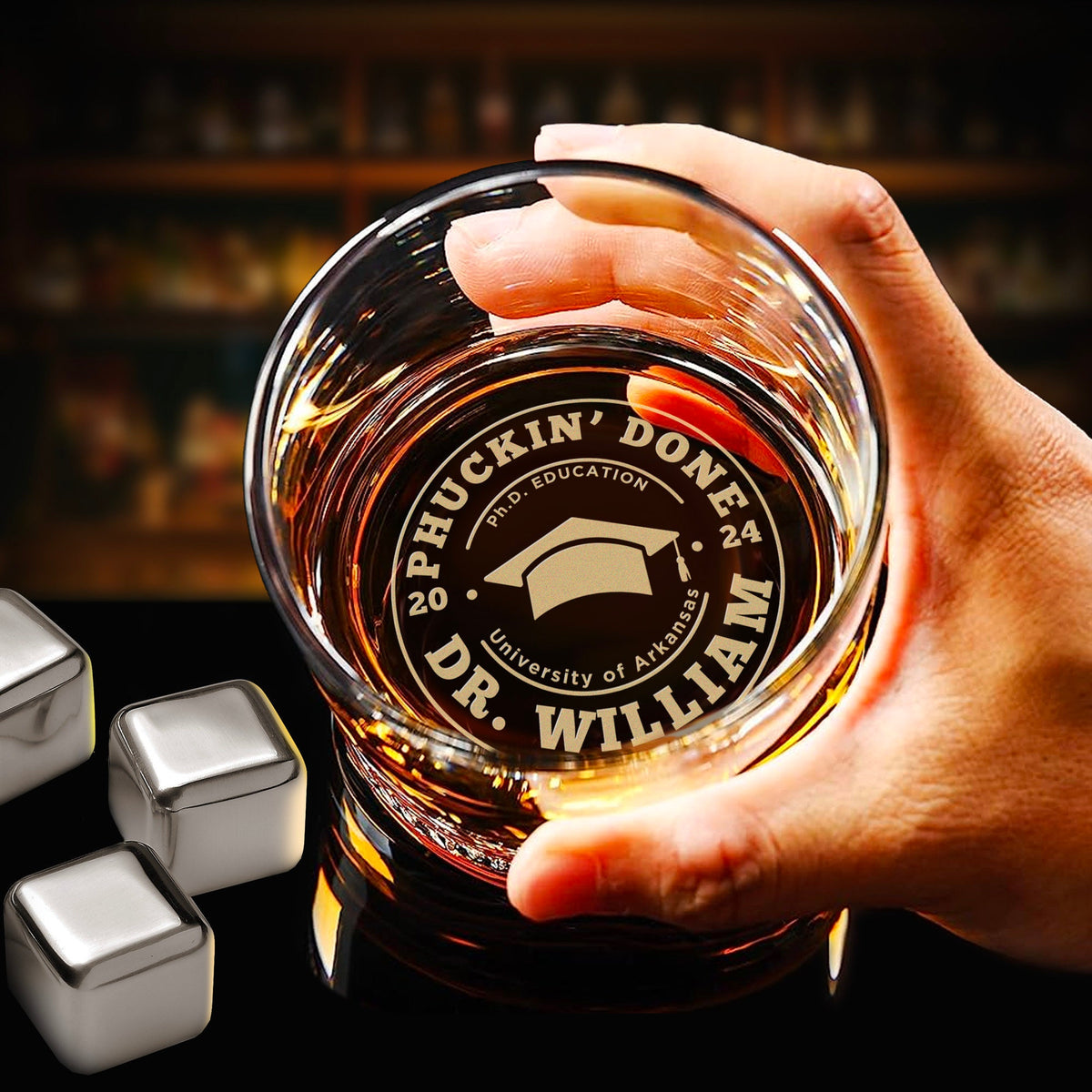 Custom Funny PhD Graduation Gift for Him - Personalized Phuckin' Done Whiskey Glass for Doctor