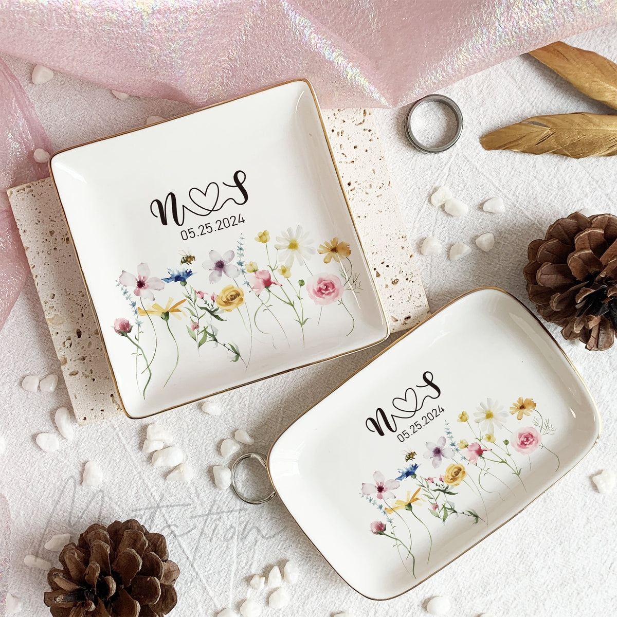 Personalized Wildflower Ring Dish, Wedding Floral Jewelry Dish For Bride And Groom, Bridal Shower Trinket Dish, Custom Engagement Gift