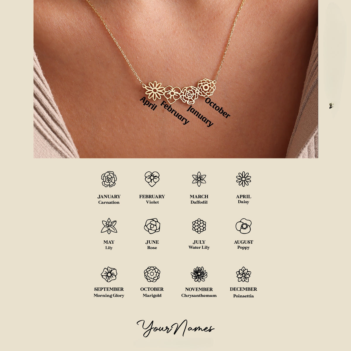 Birth flower Necklace, Birth Flower Jewelry, Personalized Gifts, Gift for grandma, Mothers Day Gifts , Necklace for mother