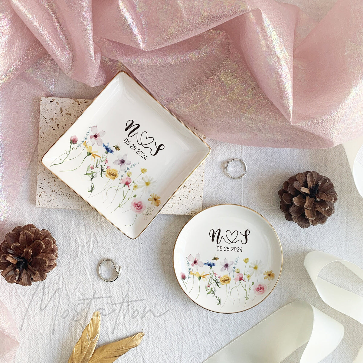 Personalized Wildflower Ring Dish, Wedding Floral Jewelry Dish For Bride And Groom, Bridal Shower Trinket Dish, Custom Engagement Gift