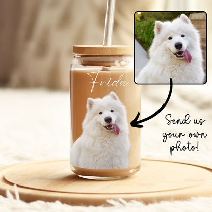 Custom Dog Photo Portrait Name Glass Tumbler 16oz Personalized Picture Pet Memorial Iced Coffee Cup Beer Can Lid Straw Gift Him Her Mom Dad