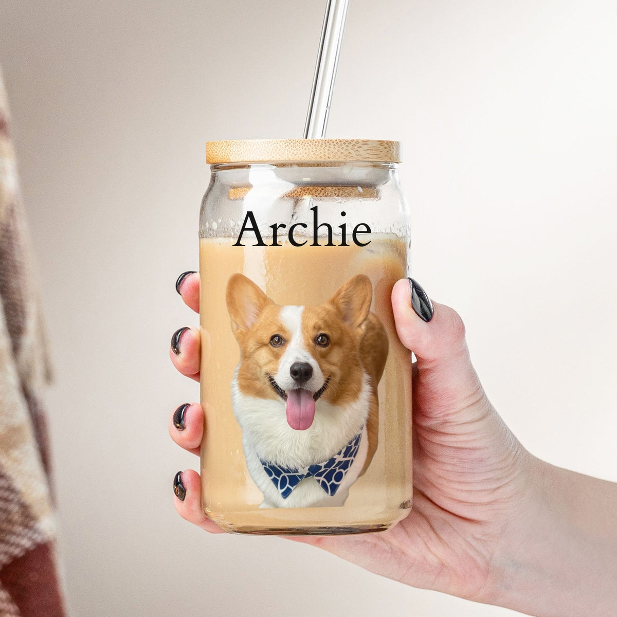 Custom Dog Photo Portrait Name Glass Tumbler 16oz Personalized Picture Pet Memorial Iced Coffee Cup Beer Can Lid Straw Gift Him Her Mom Dad