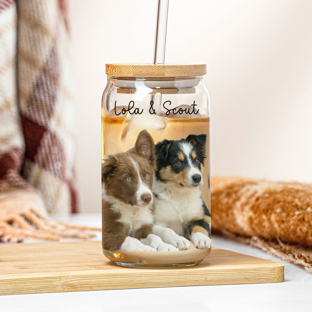 Custom Dog Photo Portrait Name Glass Tumbler 16oz Personalized Picture Pet Memorial Iced Coffee Cup Beer Can Lid Straw Gift Him Her Mom Dad