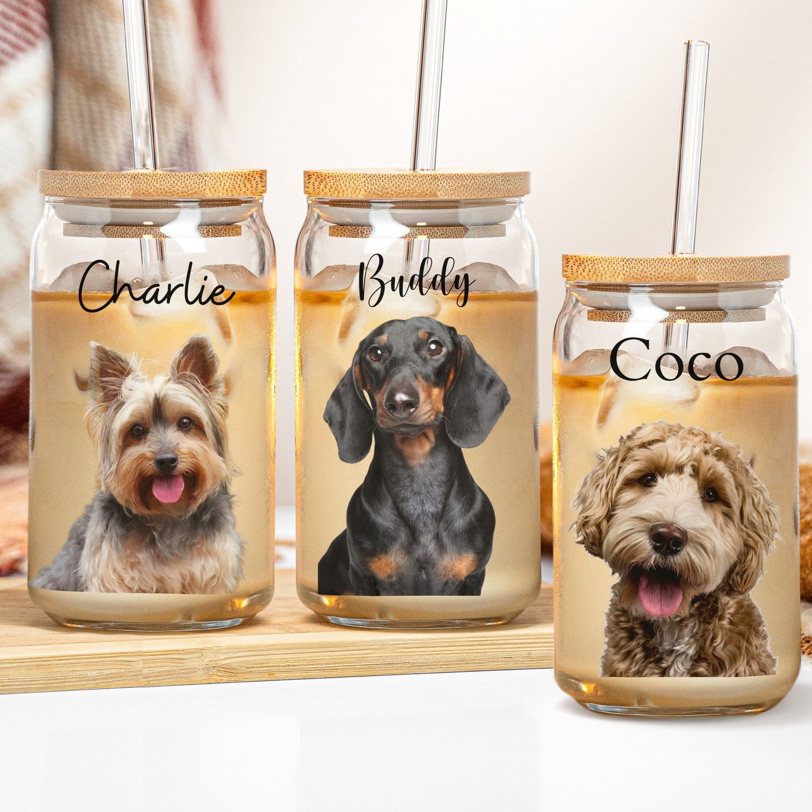 Custom Dog Photo Portrait Name Glass Tumbler 16oz Personalized Picture Pet Memorial Iced Coffee Cup Beer Can Lid Straw Gift Him Her Mom Dad