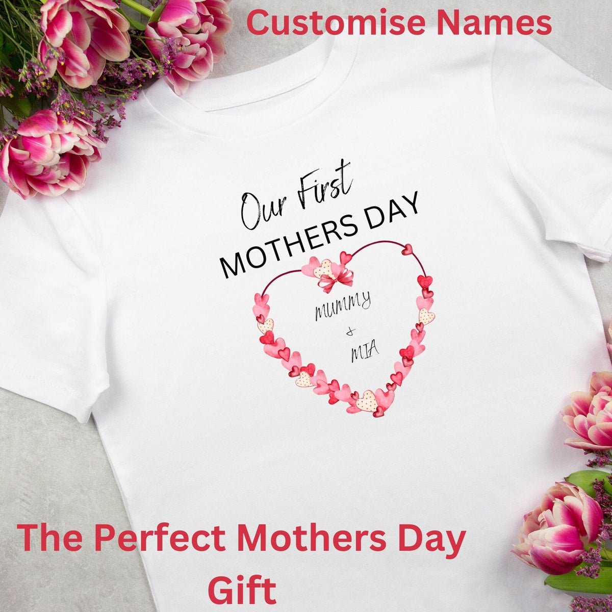 Personalised T Shirt Our First Mothers Day Baby Outfit with Heart Matching T-Shirt Set Perfect Custom Mothers Day Gift for Mummy and Baby