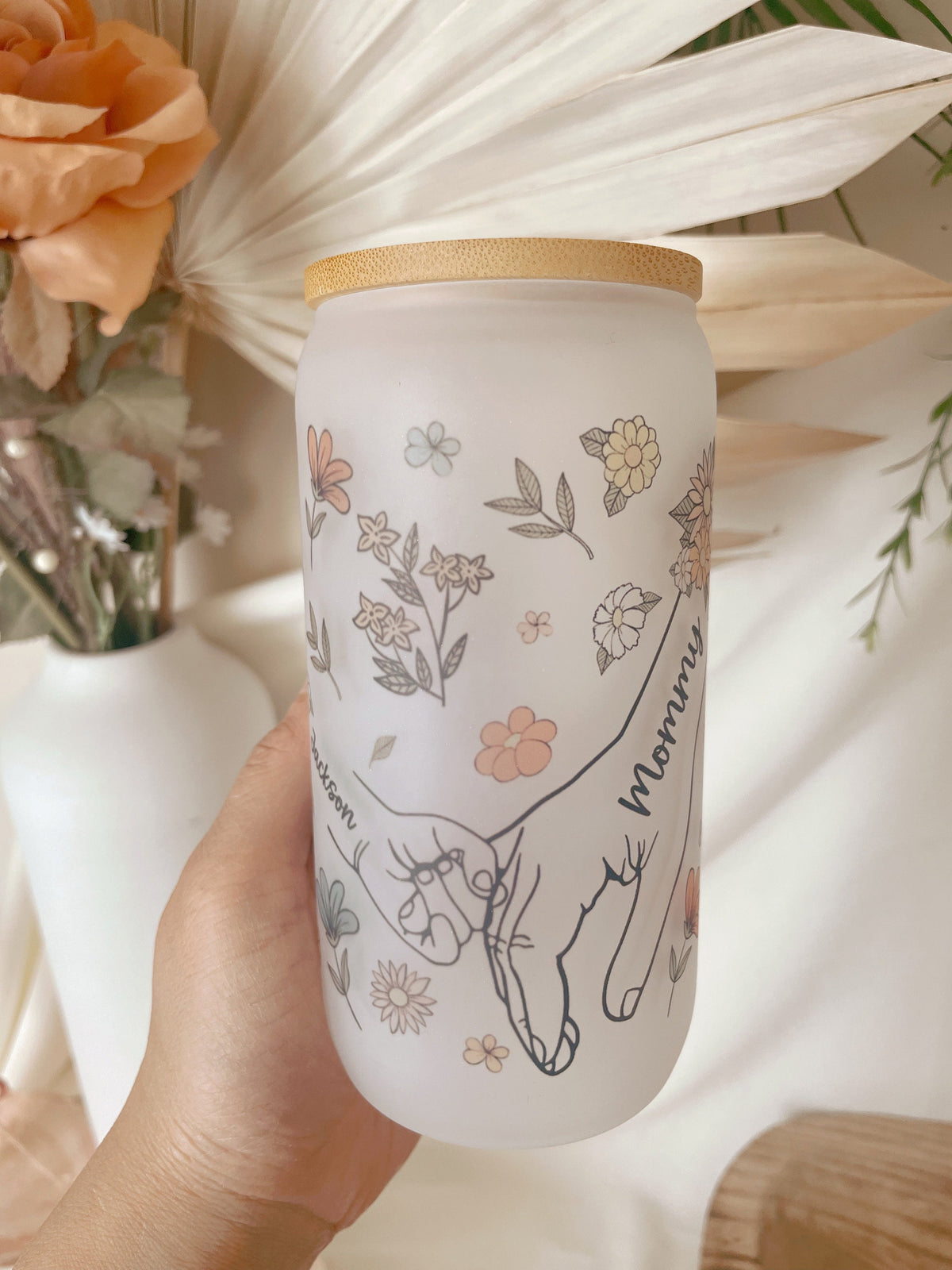 Custom Mom Gift with Kids Name Personalized Unique Mothers Day Gift Birth Flower Glass Cup for Mom Coffee Cup Tumbler Gift Box for Mom