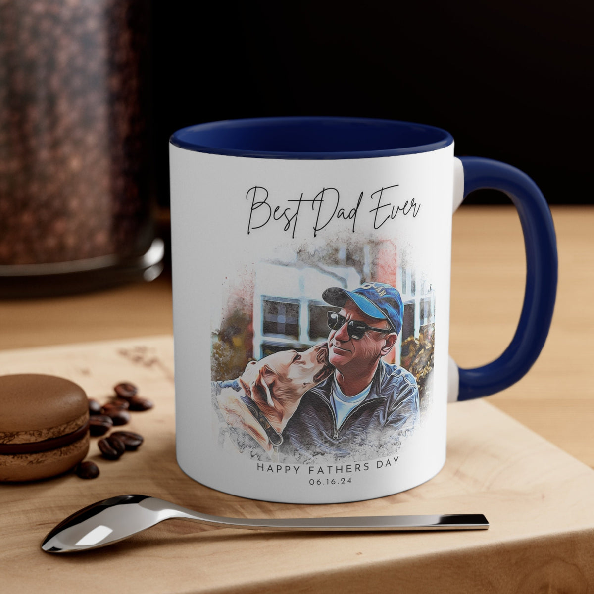 Custom Father's Day Mug Watercolor Portrait Coffee Cup, Personalized Dad's Day Anniversary Photo Tea Drinkware Gift for Him Husband Dad