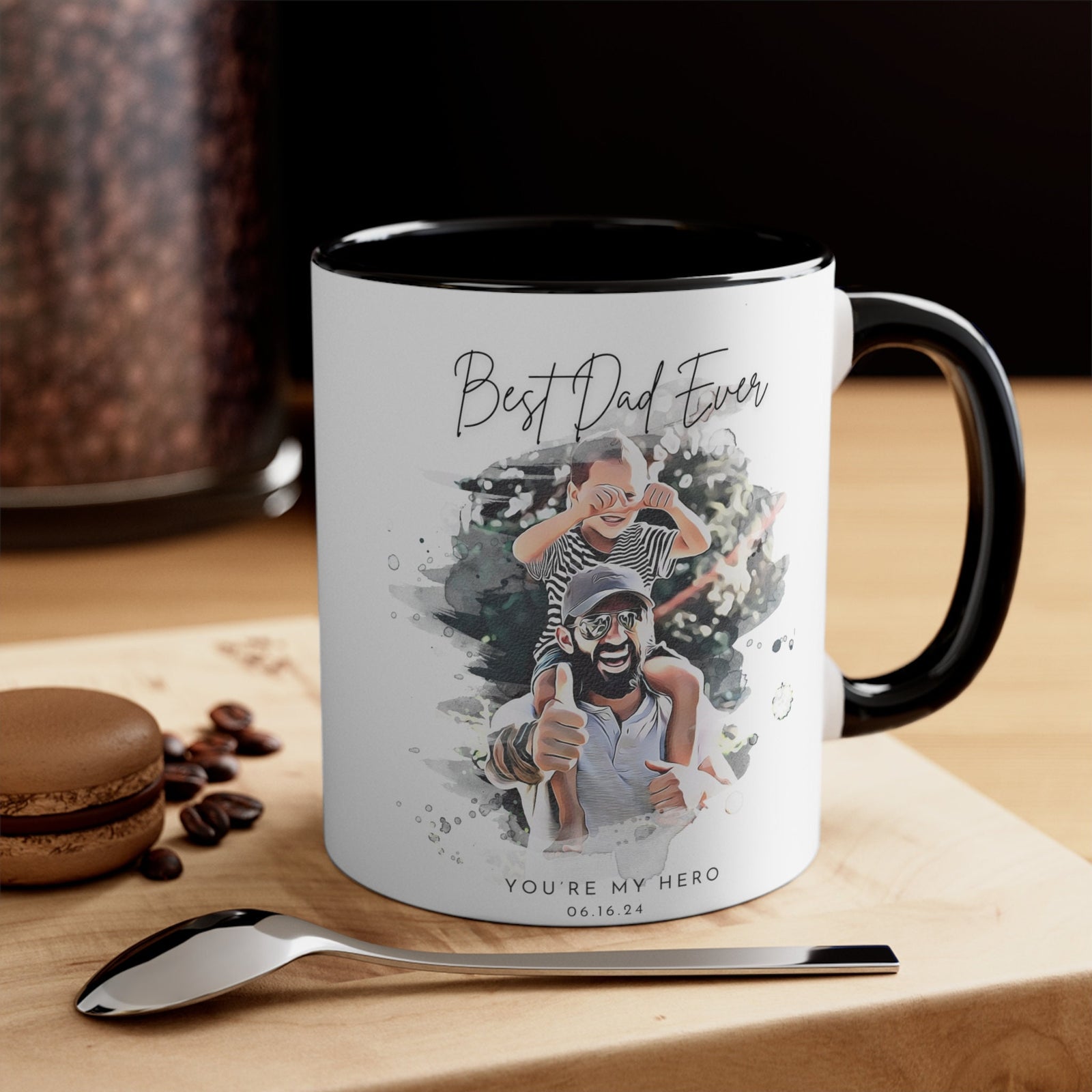 Custom Father's Day Mug Watercolor Portrait Coffee Cup, Personalized Dad's Day Anniversary Photo Tea Drinkware Gift for Him Husband Dad