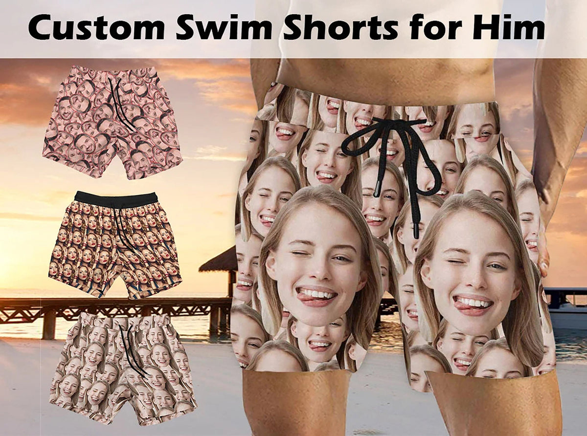 Custom Face Swim Shorts for Dad/Husband/Boyfriend, Personalized Photo Swimwear, Photo Swim Trunks, Picture Shorts Gift for Bachelor party