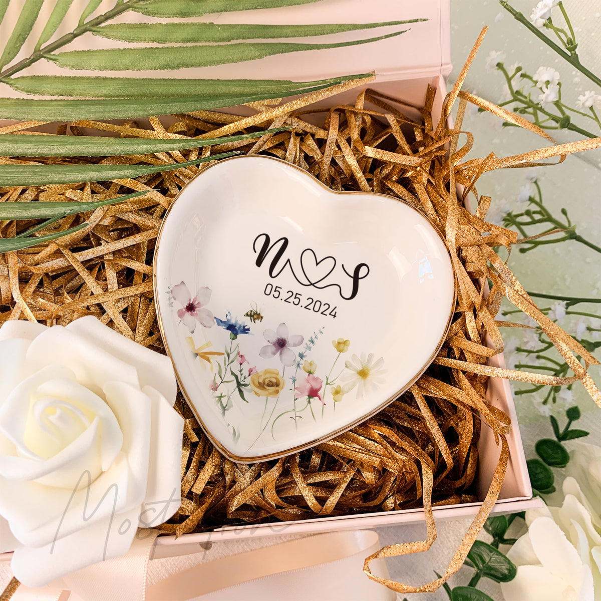 Personalized Wildflower Ring Dish, Wedding Floral Jewelry Dish For Bride And Groom, Bridal Shower Trinket Dish, Custom Engagement Gift