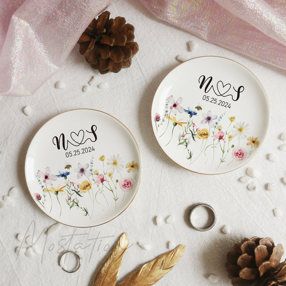 Personalized Wildflower Ring Dish, Wedding Floral Jewelry Dish For Bride And Groom, Bridal Shower Trinket Dish, Custom Engagement Gift