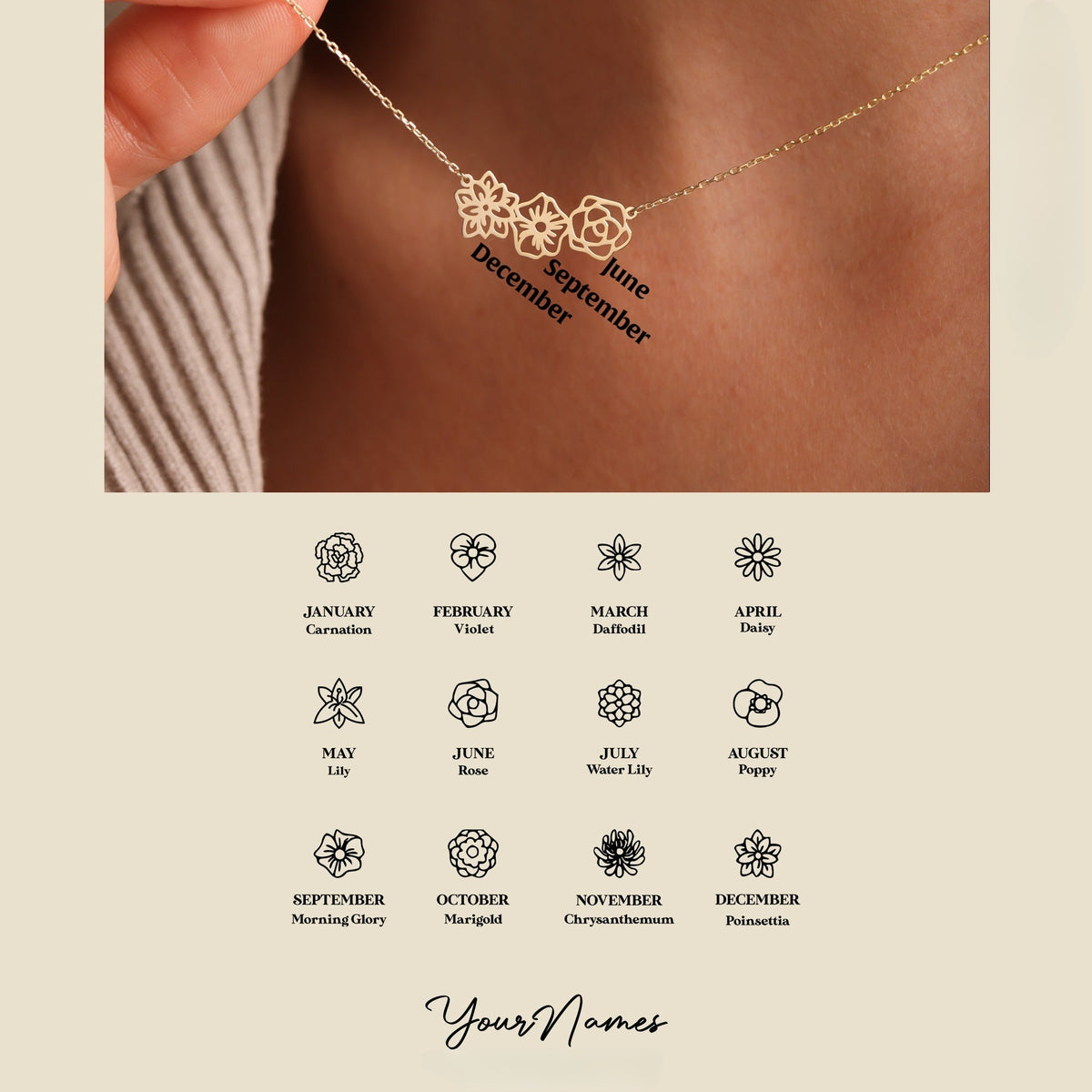 Birth flower Necklace, Birth Flower Jewelry, Personalized Gifts, Gift for grandma, Mothers Day Gifts , Necklace for mother