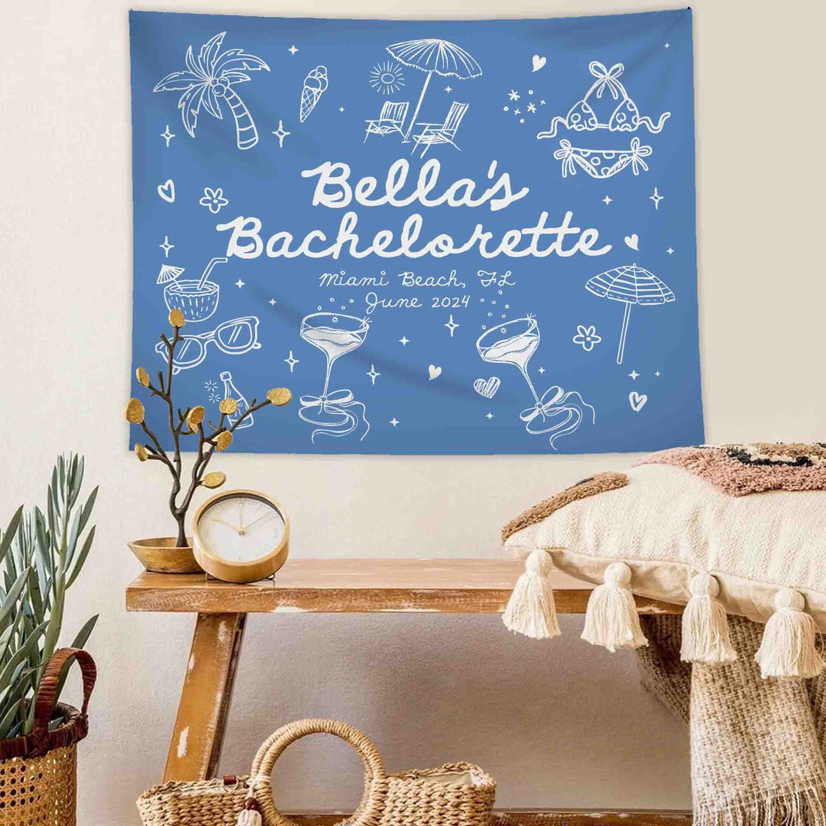 Bachelorette Party Decor, Custom Location Bachelorette Tapestry, Personalized Bachelorette Beach Party Banner, Beach Bachelorette Backdrop