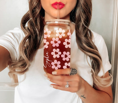 Glass Tumbler Personalized Flower Iced Coffee Cup with Name, Custom Glass with Lid and Straw, Personalized Gift Bridesmaid Gift Glass Cup