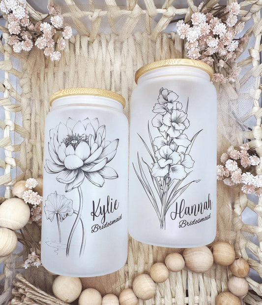 Bridesmaid Proposal Glass Tumbler Birth Flower Iced coffee cup Bridesmaid Gift Personalized Gift for her, Maid of honor Be my Bridesmaid