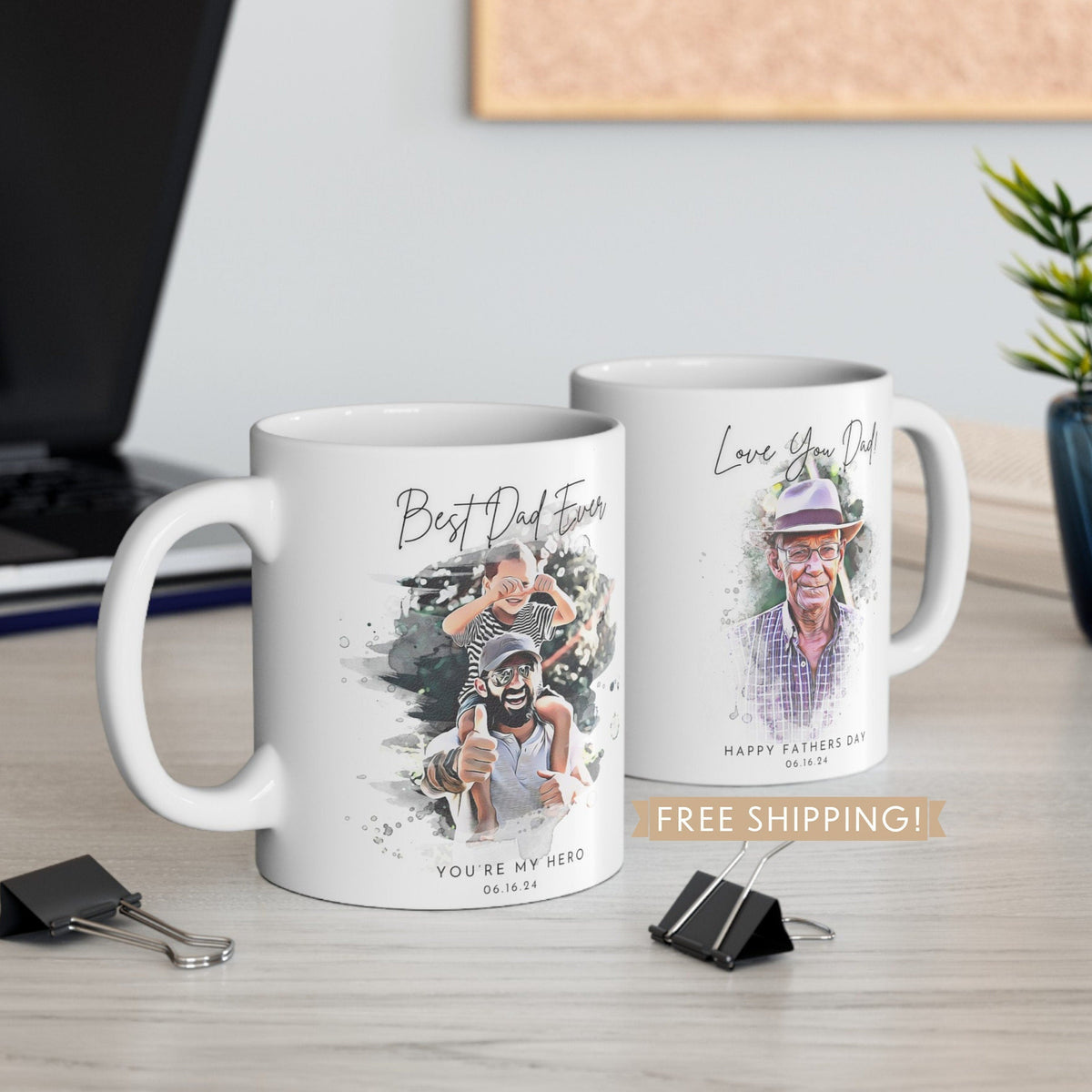 Custom Father's Day Mug Watercolor Portrait Coffee Cup, Personalized Dad's Day Anniversary Photo Tea Drinkware Gift for Him Husband Dad