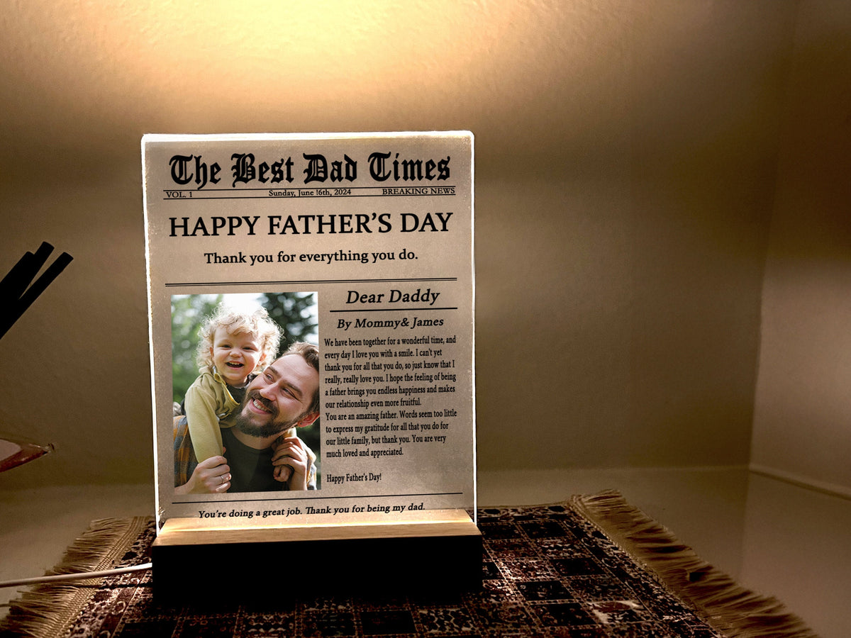 Personalized Night Light Gift for Father's Day, Custom Photo Collage LED Light for Home Decor, First Time Dad Gift, Newspaper design