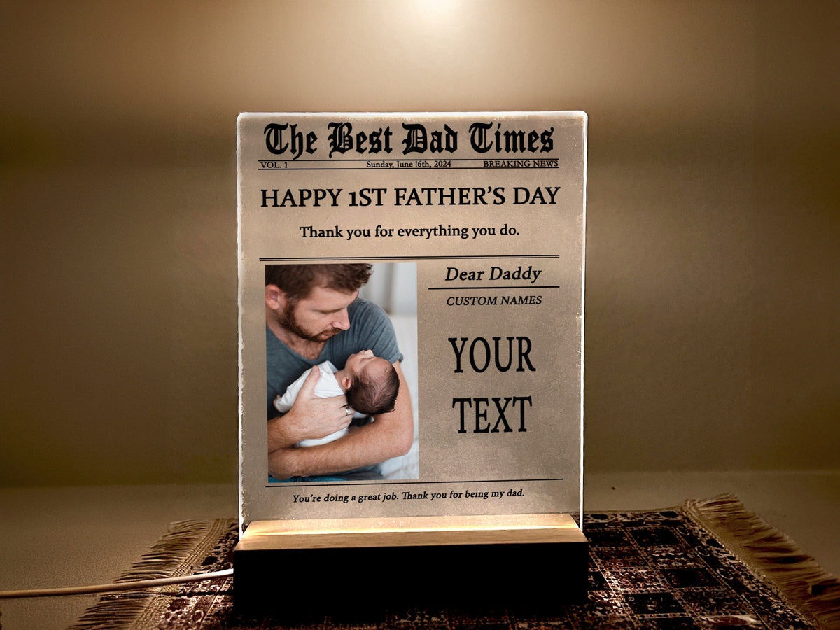Personalized Night Light Gift for Father's Day, Custom Photo Collage LED Light for Home Decor, First Time Dad Gift, Newspaper design