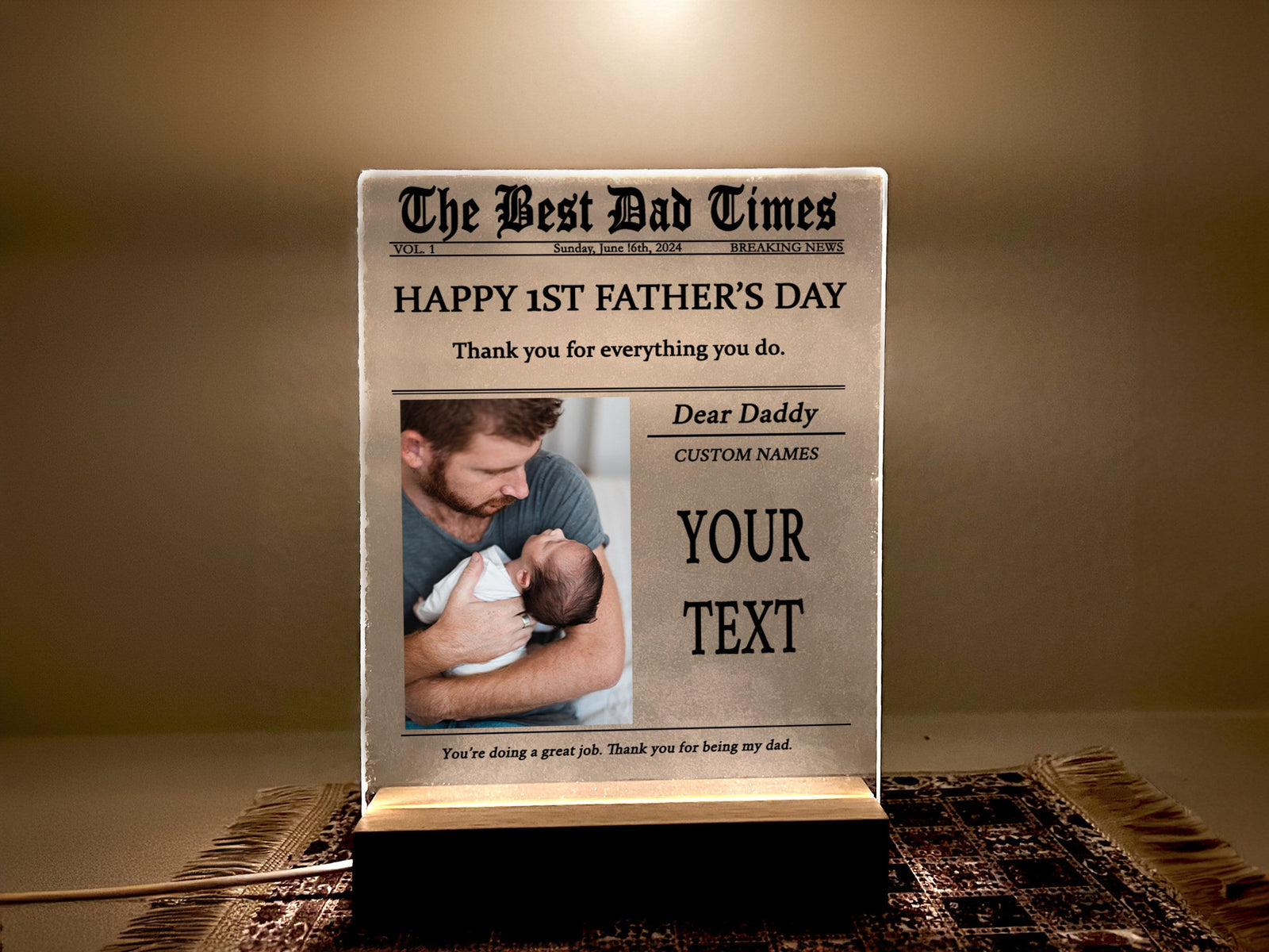 Personalized Night Light Gift for Father's Day, Custom Photo Collage LED Light for Home Decor, First Time Dad Gift, Newspaper design