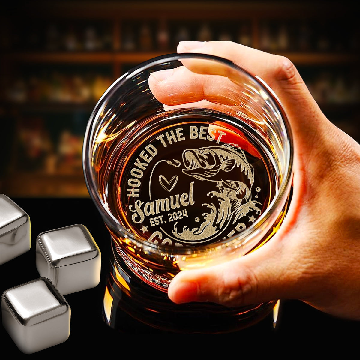 Custom Hooked The Best Godfather Gift - Custom Father's Day Gift on Rock Glass - Funny Fishing Whiskey Glass Gifts for Dad